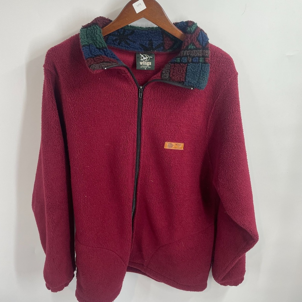 Vintage Wings Of New Zealand Full Zip Retro Fleece Jacket Maroon Red Mens S